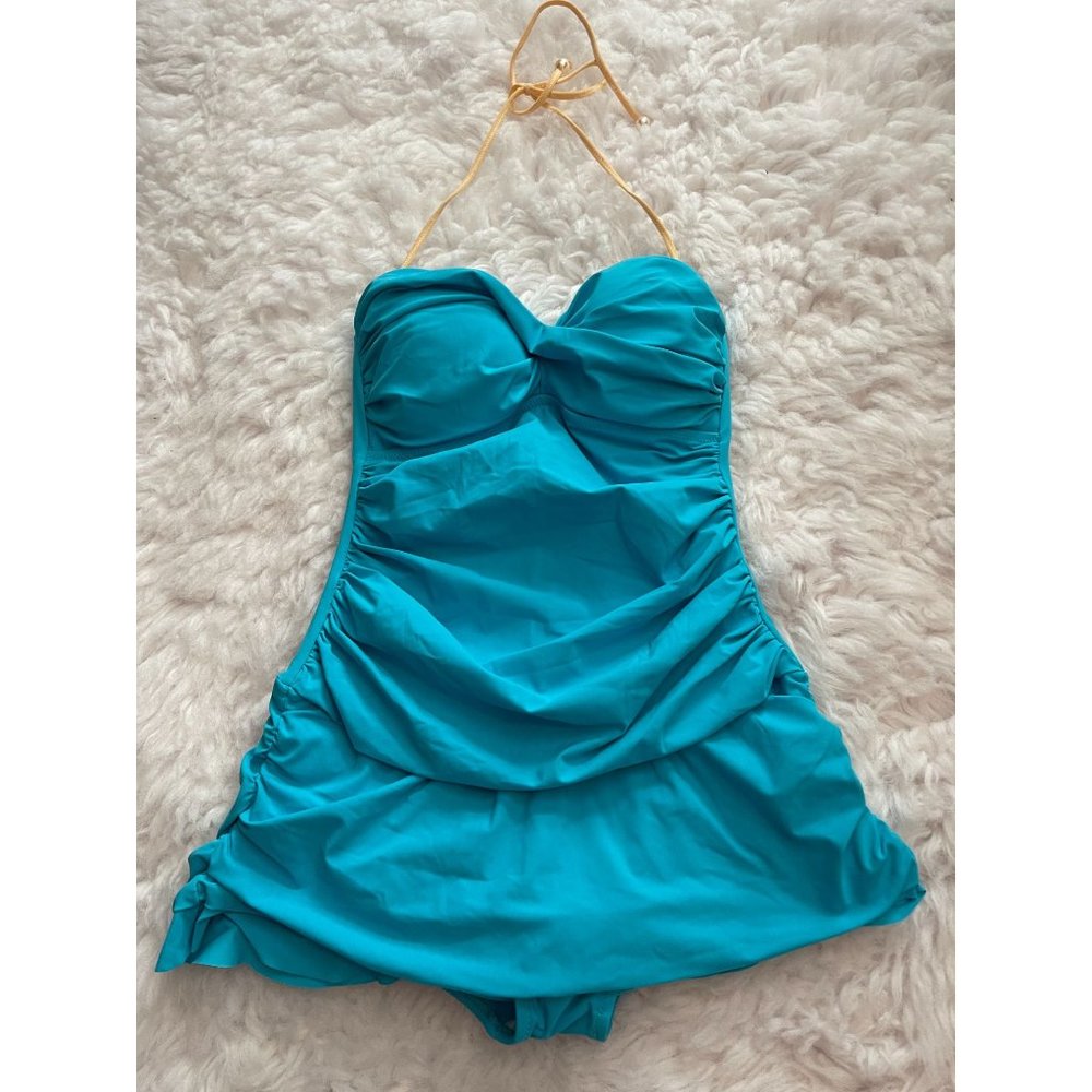 Profile by Gottex Turquoise Blue Bandeau Swim Dress One Piece Bathing Suit Size